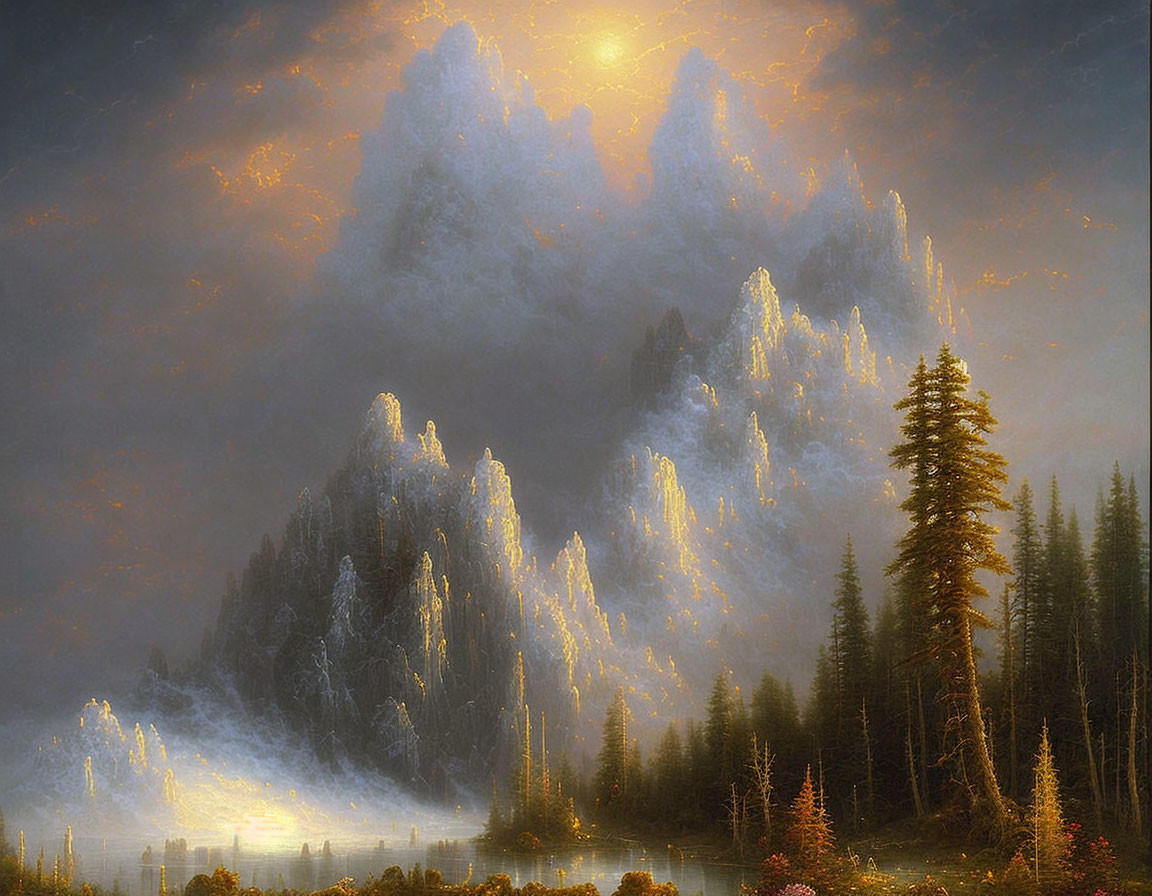 Ethereal landscape with glowing sun, misty mountains, serene water, forest