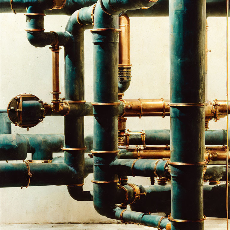 Interconnected Blue and Copper Pipes with Valves on Wall