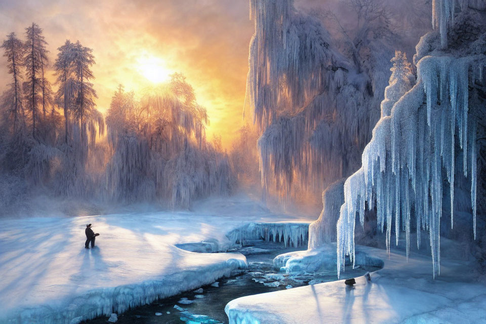 Frozen river at sunrise with snow-covered trees and icicles.