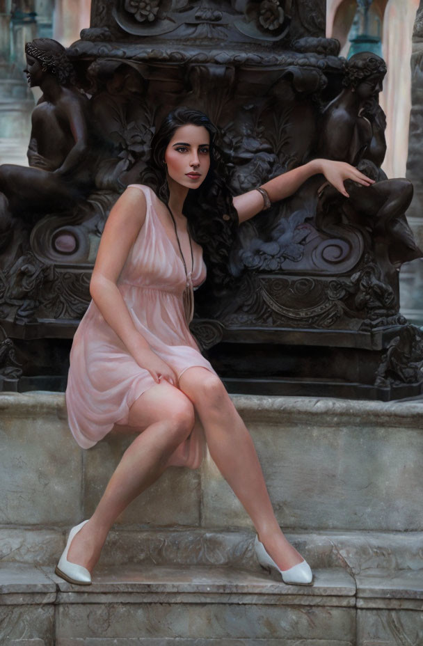 Elegant woman in pink dress beside bronze cherub sculpture