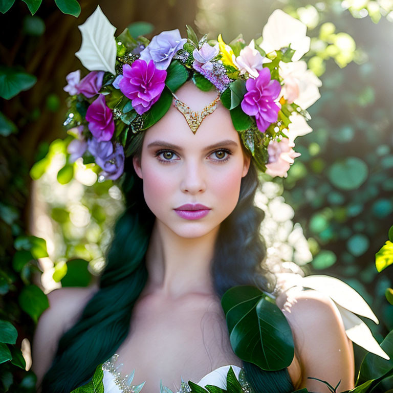 Green-haired woman with floral crown and golden chain against leafy backdrop