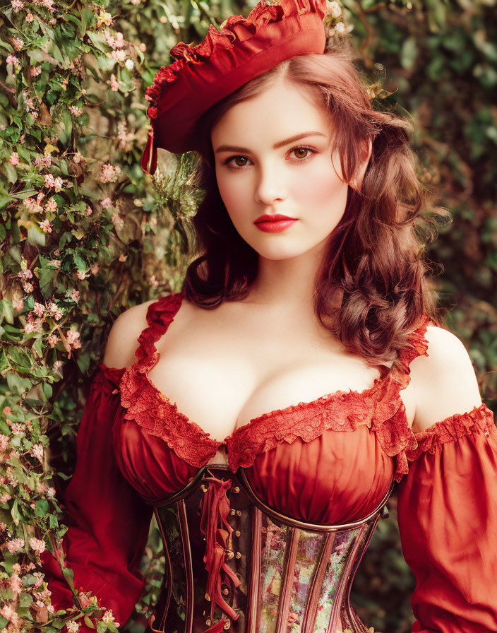 Vintage Woman in Red Dress and Hat with Wavy Hair on Ivy Backdrop