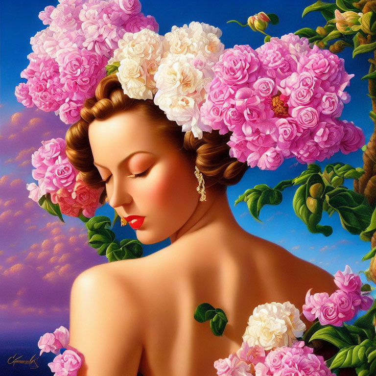 Portrait of woman with closed eyes surrounded by pink and white roses on blue sky backdrop