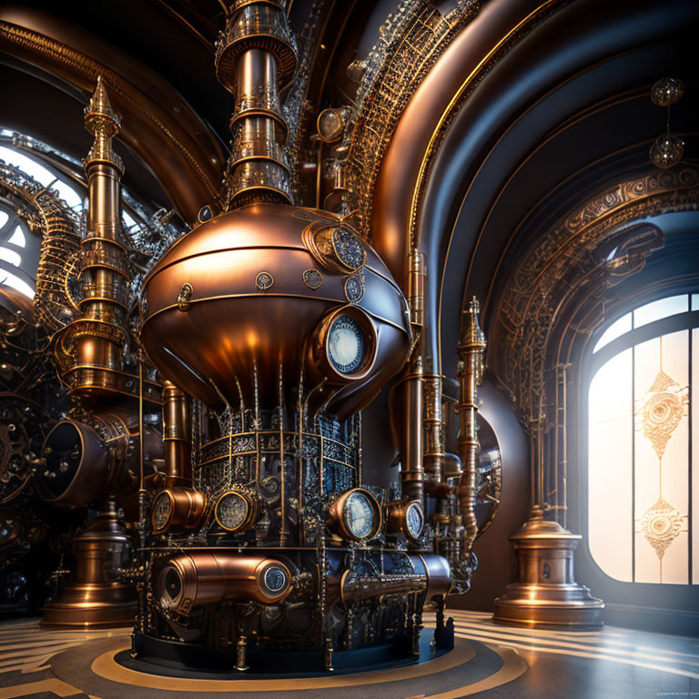 Intricate Steampunk-Inspired Room with Brass Machinery