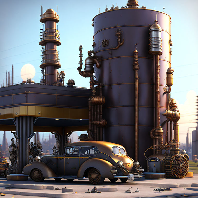 Steampunk scene with classic car, intricate machinery, pipes, valves, and bronze tones