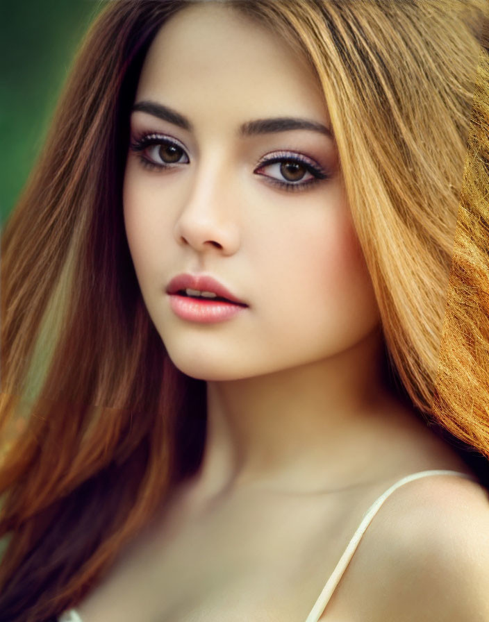 Portrait of woman with long auburn hair, fair skin, and dark eyes on green background