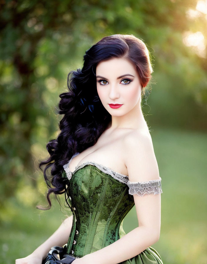 Dark Curly-Haired Woman in Green Corset Outdoors