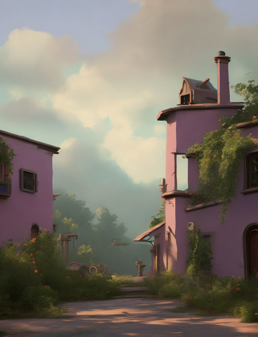 Purple Houses and Ivy in Sunlit Misty Landscape