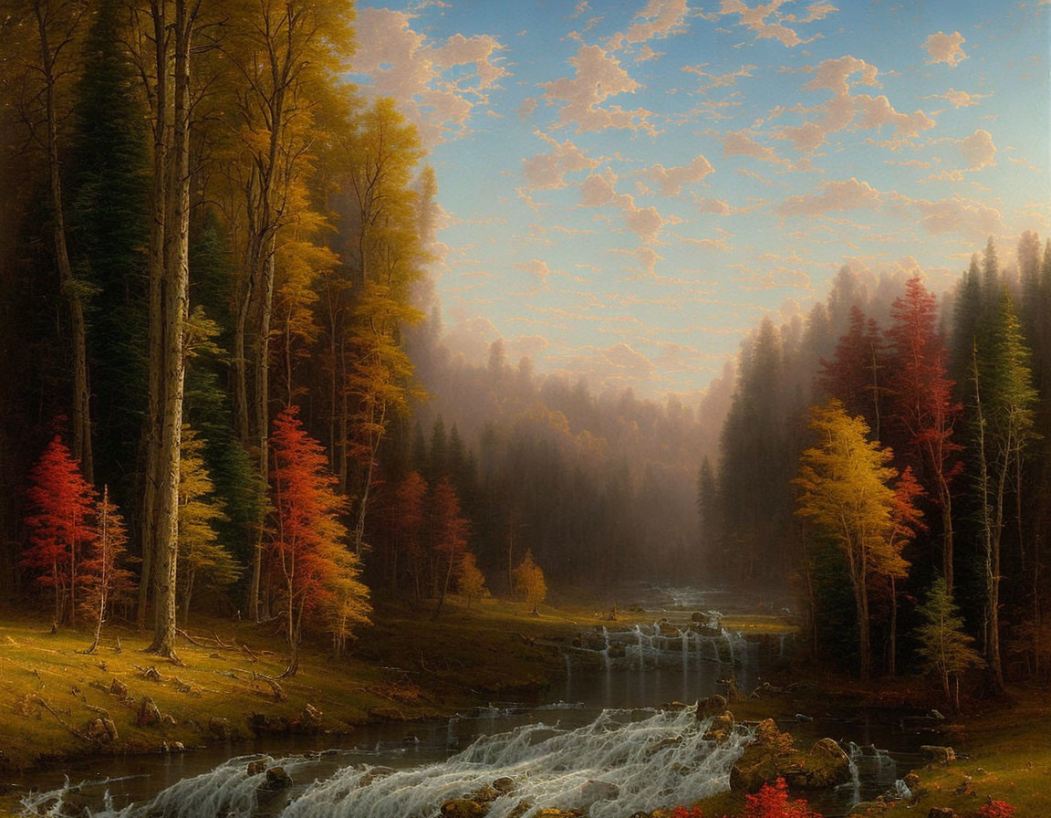 Tranquil autumn forest with stream, vibrant fall trees, and fluffy cloud sky