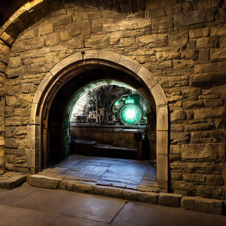 Stone archway into dimly lit room with glowing green circle - mysterious ambiance