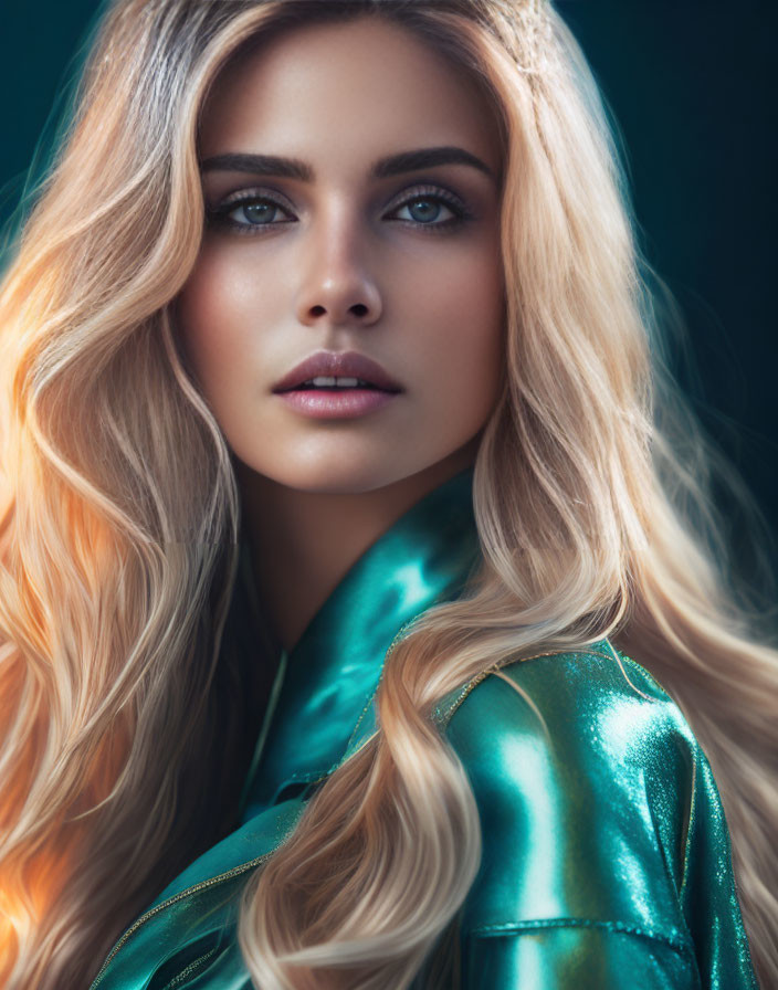 Blonde woman in teal top with blue eyes in dramatic portrait