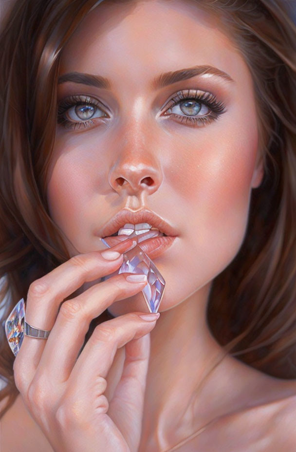 Detailed digital illustration of woman with brown hair and blue eyes holding crystalline object