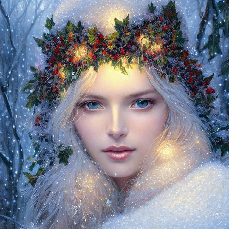 Woman with Festive Holly Crown in Snowy Background with Striking Blue Eyes