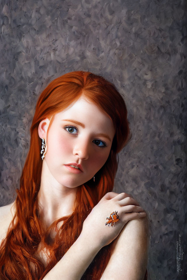 Young woman with red hair and blue eyes portrait against grey background