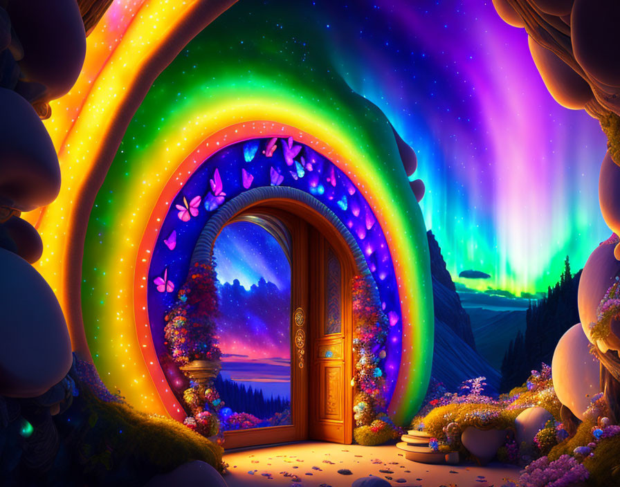 Colorful butterfly portal amid twilight landscape with aurora and rock formations