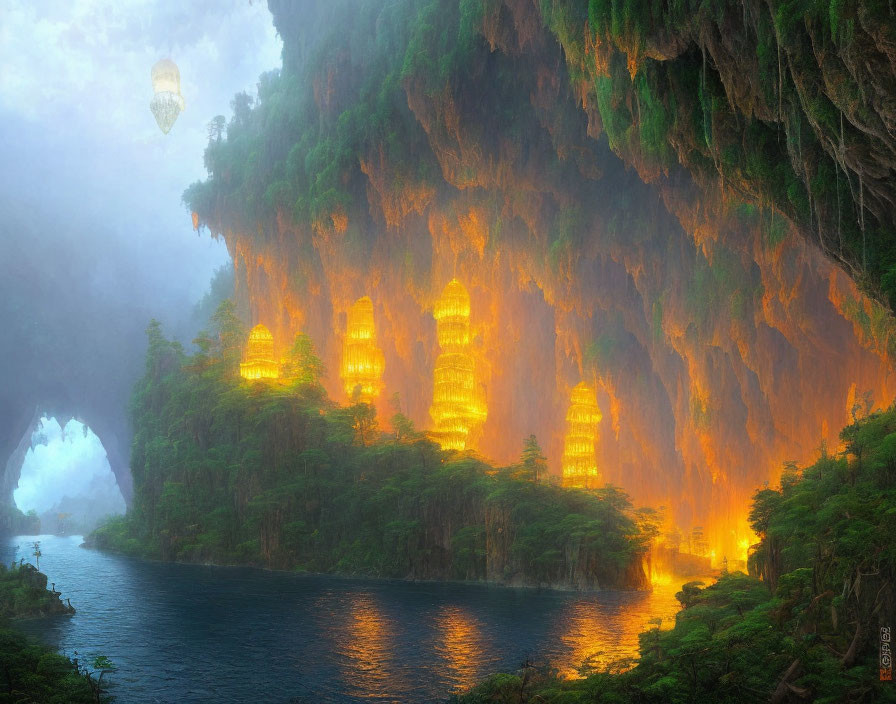 Mystical landscape with illuminated towers, lush cliffs, serene river, floating lantern, misty ambiance