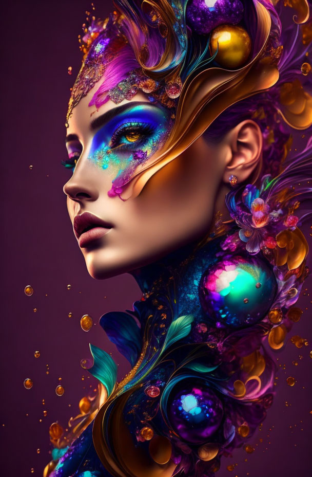 Digital Art: Woman with Purple and Gold Fantasy Makeup & Ornate Headdress