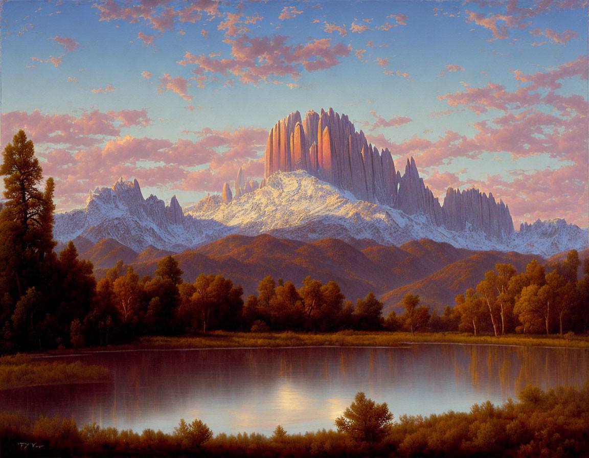 Scenic painting of serene lake and snow-capped mountains