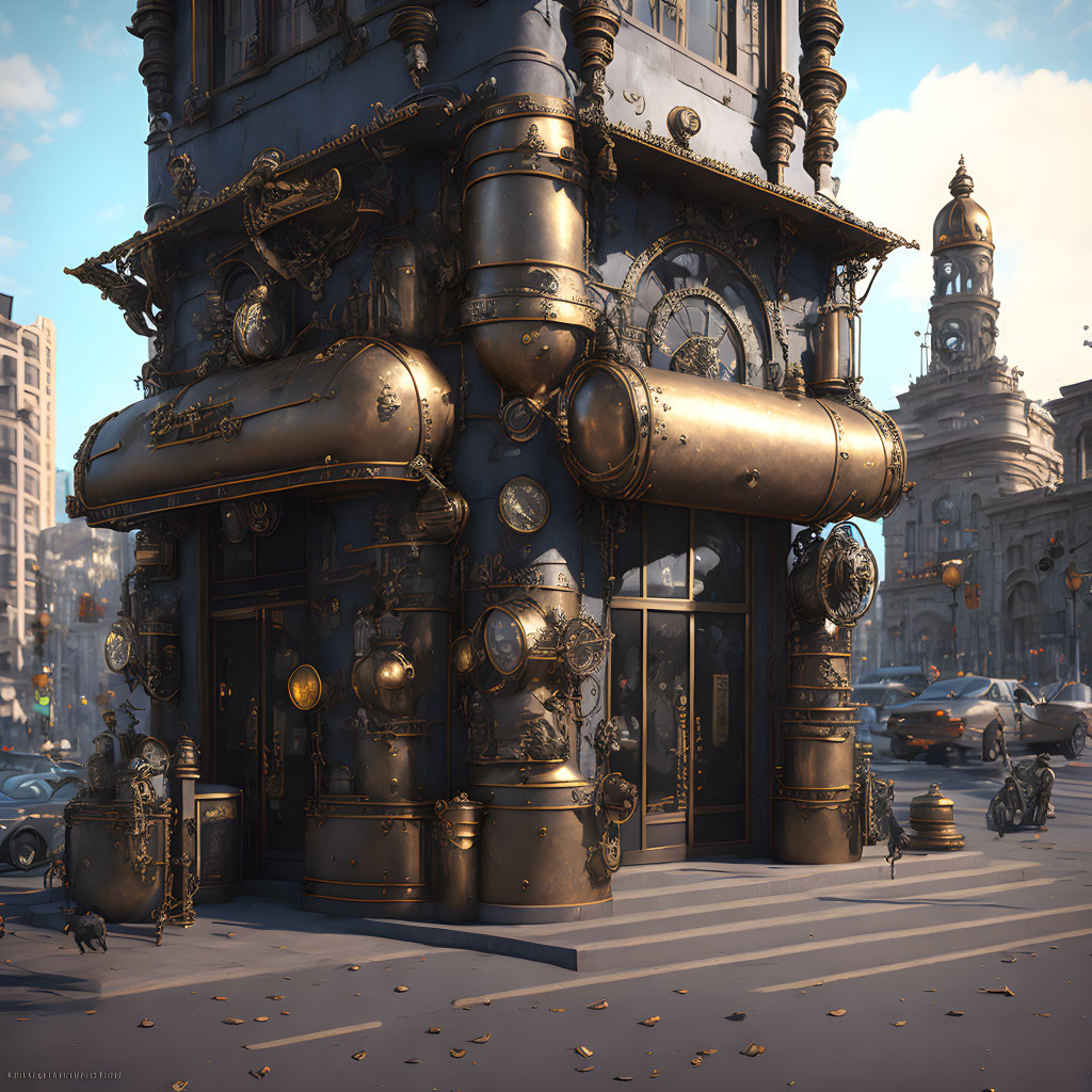 Steampunk-inspired corner building with brass pipes in a bustling city.