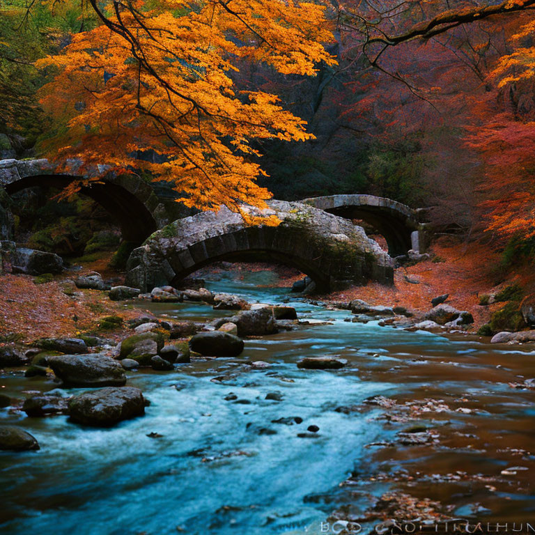 Serene blue stream with old stone bridge amidst autumn forest