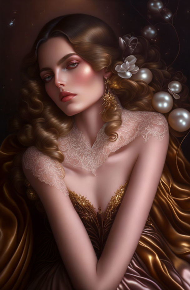 Illustrated woman with brown hair in golden gown and pearls