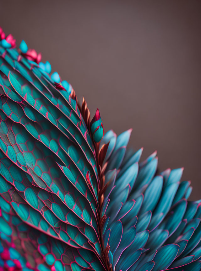 Symmetrical arrangement of vivid turquoise and magenta gradient leaves on soft brown background