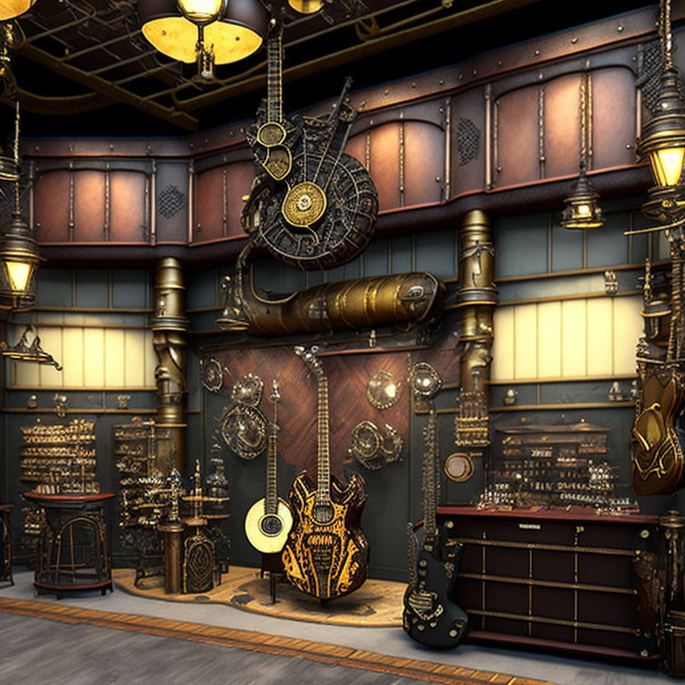 Steampunk-themed room with cogwheel decorations, pipes, brass instruments, and guitars