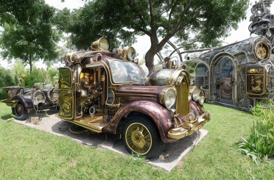 Steampunk-themed digital art of vintage car and building.