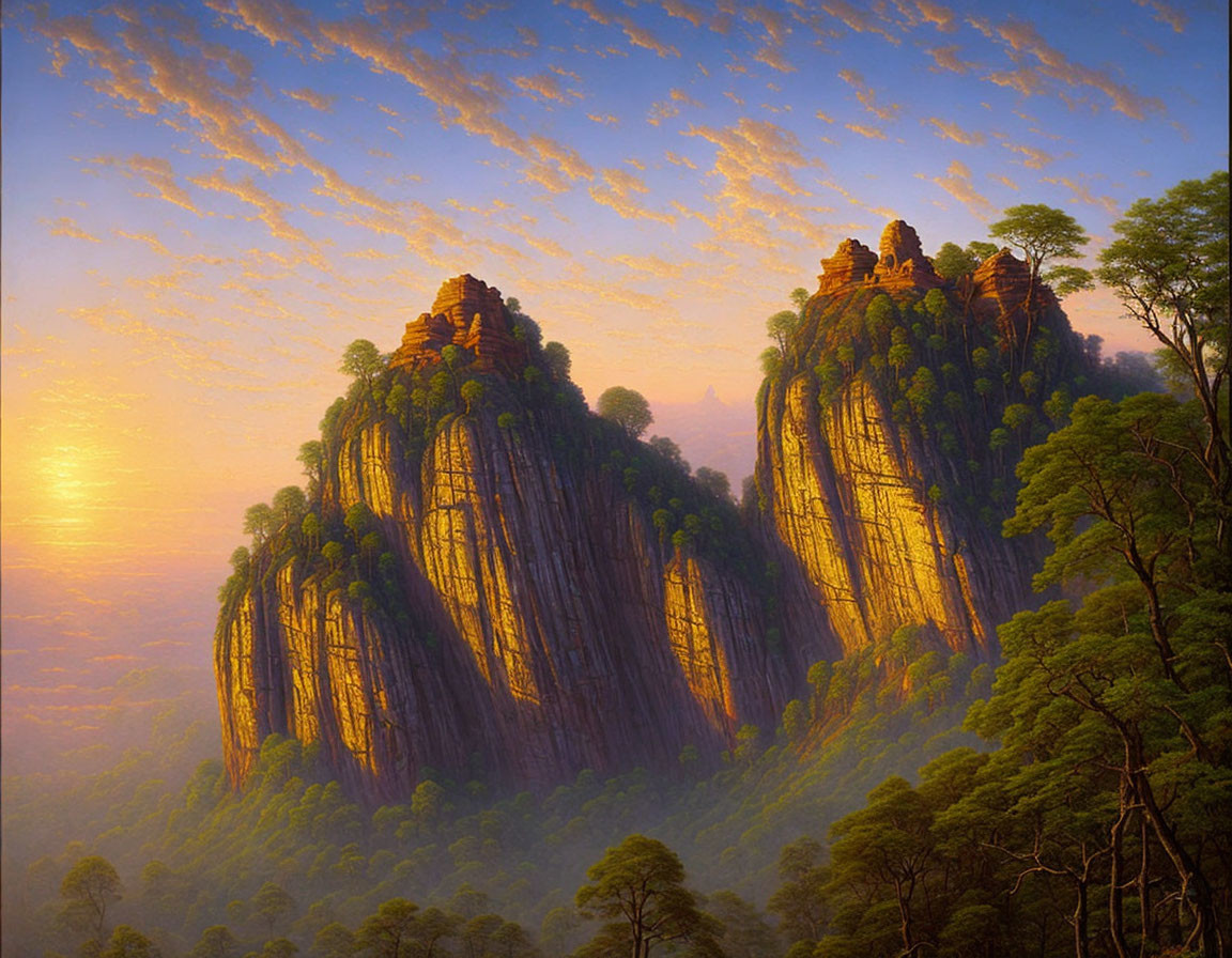 Majestic cliffs above lush forest at sunset