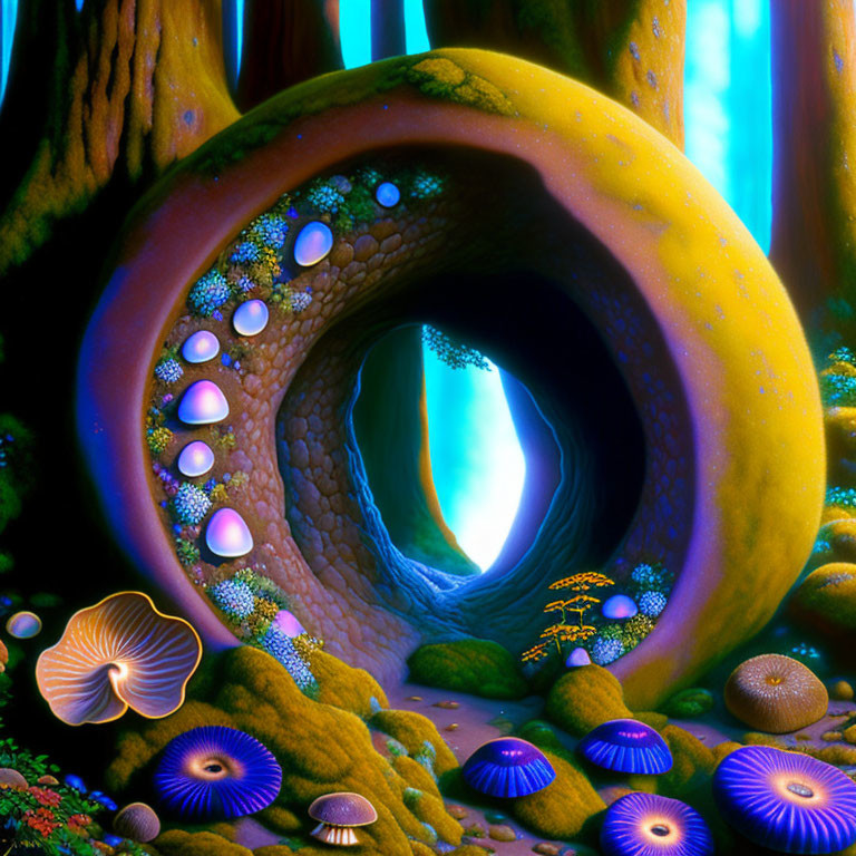 Fantasy forest scene with hollow tree trunk, colorful mushrooms, and ethereal light