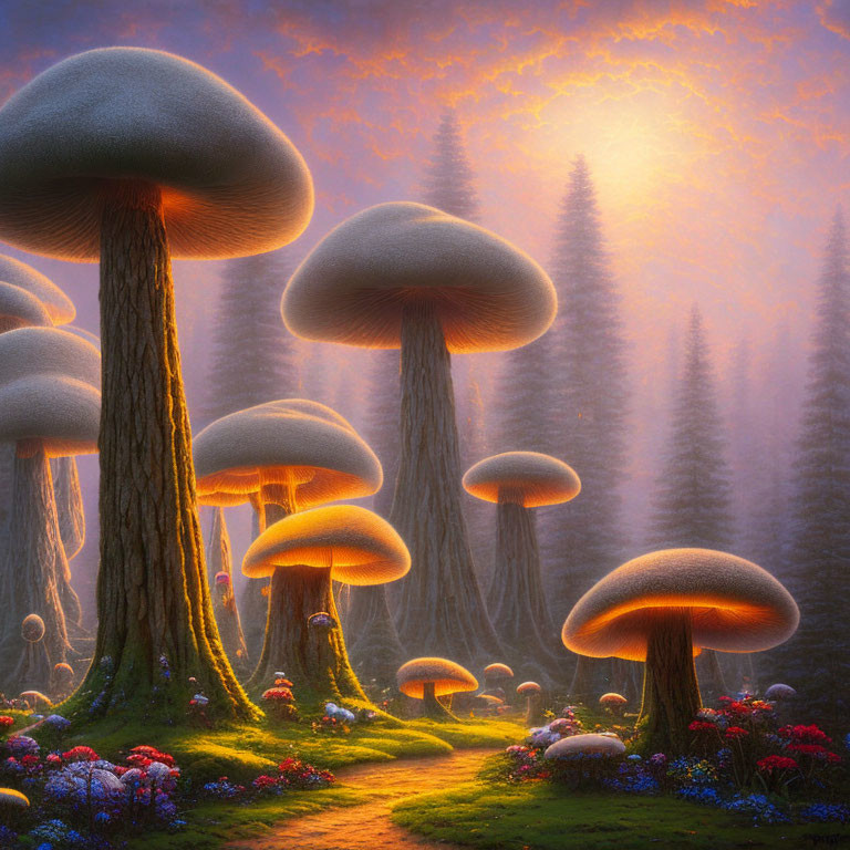 Fantasy forest with oversized mushroom trees and glowing path at sunset