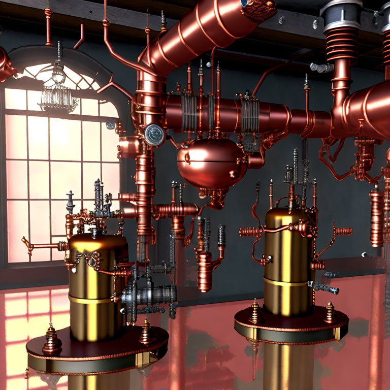 Steampunk-themed room with copper pipes and machinery in 3D render