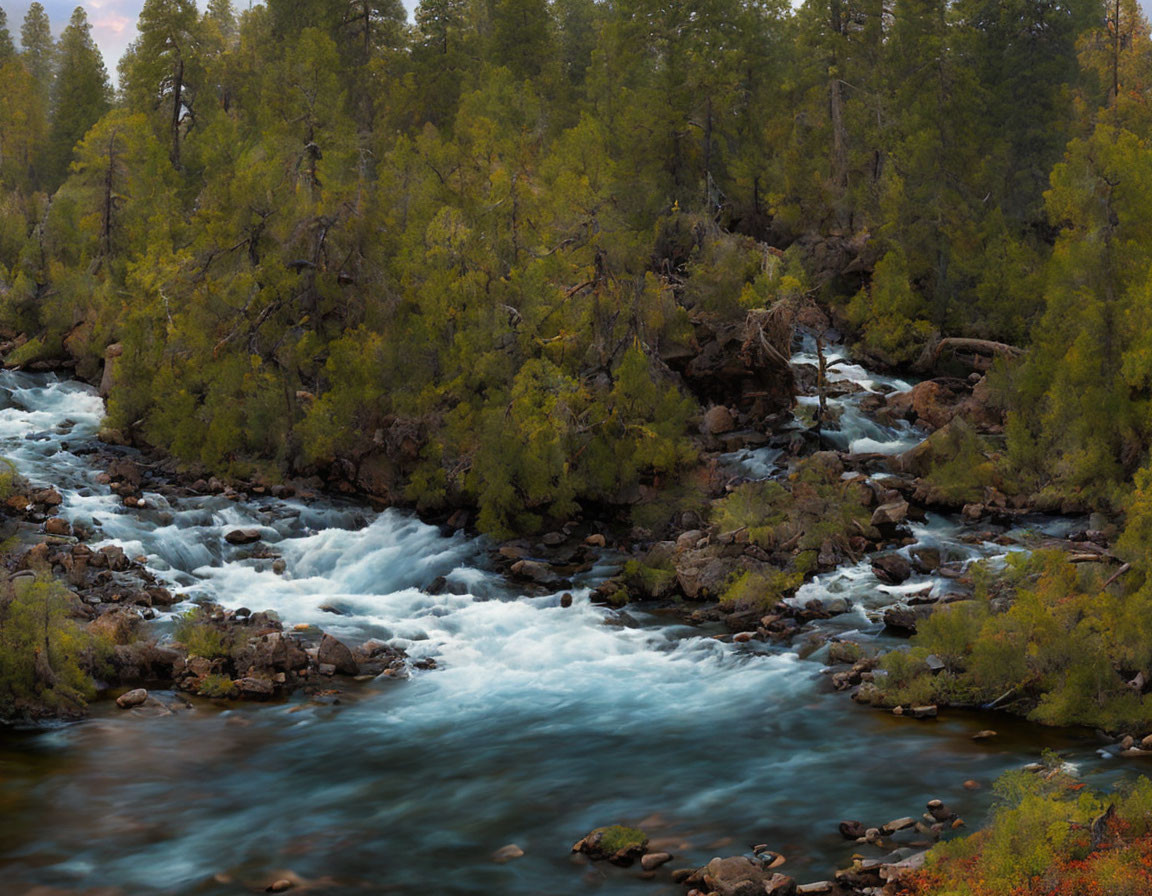 Tranquil Forest Scene with Rushing River and Autumn Foliage