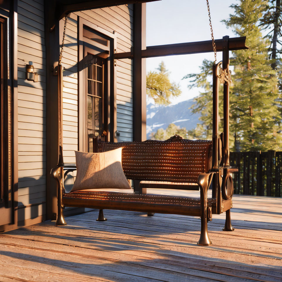 Cushioned porch swing on wooden deck with mountain view at sunset