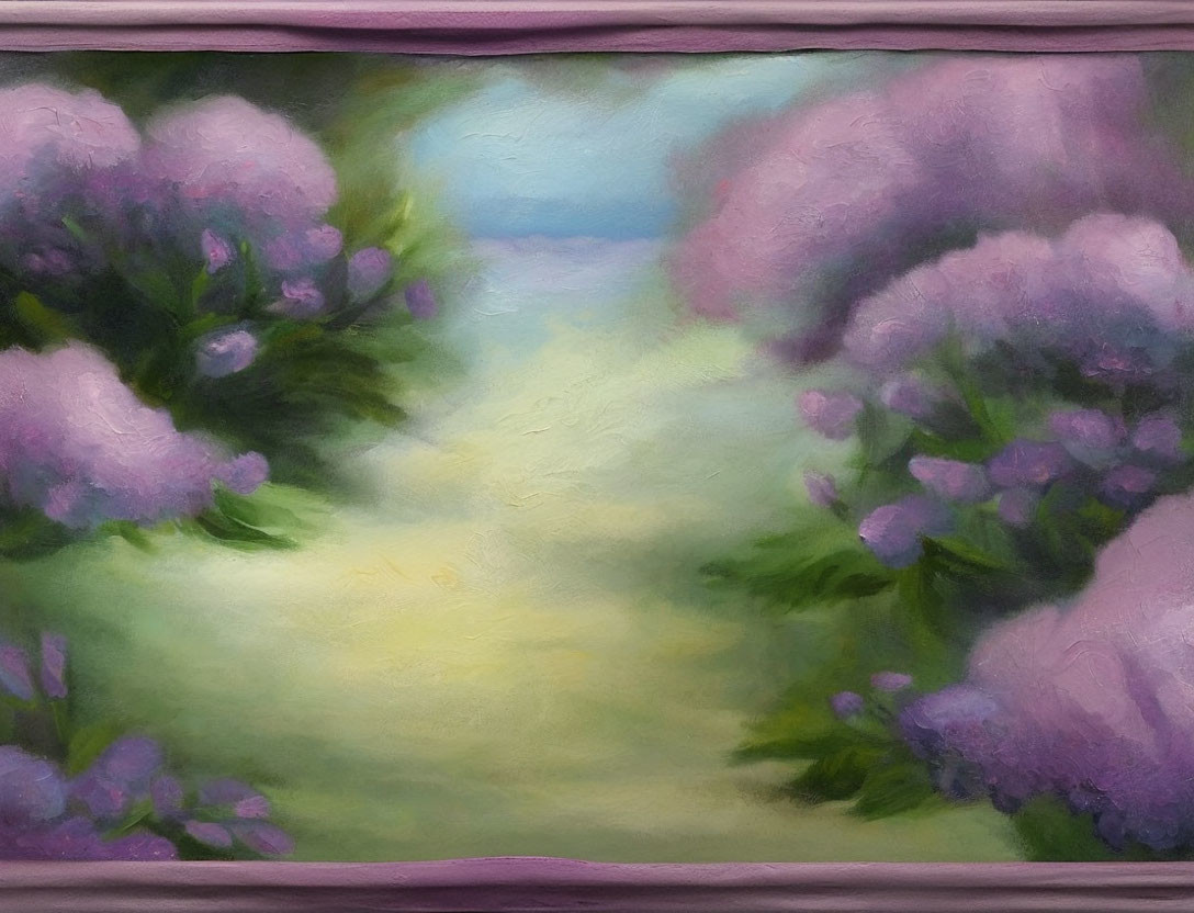 Serene garden path with lush purple flowers in impressionistic style