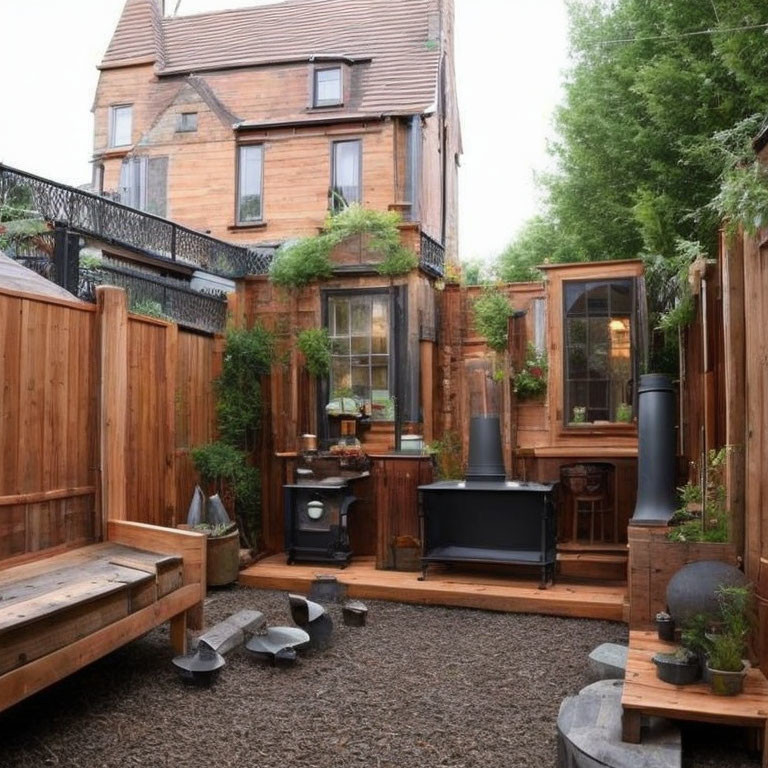 Cozy backyard with wooden fencing, decking, furniture, wood stove, lush green plants, near brick