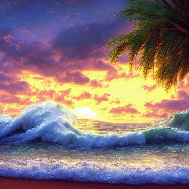 Colorful Beach Sunset with Palm Tree and Waves