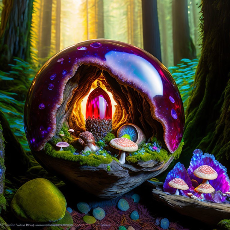 Ethereal glowing sphere in mystical forest with mushrooms