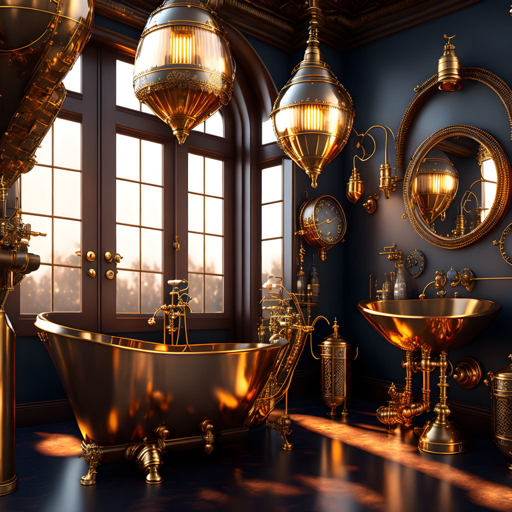 Luxurious Bathroom with Copper Tub, Pendant Lights, Ornate Mirrors, Blue Wall, and Window