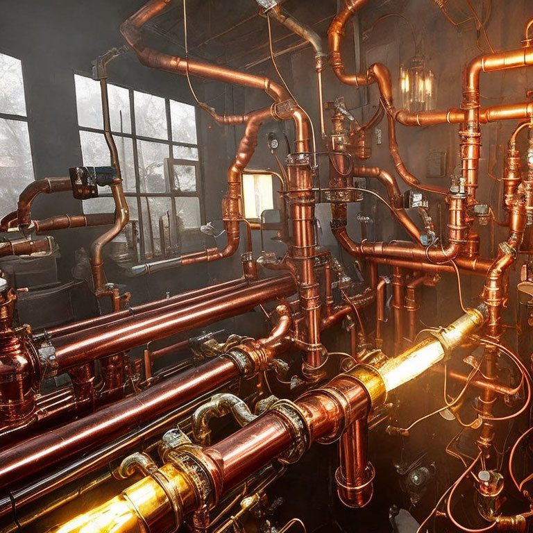 Steampunk-style Room with Copper Pipes and Glowing Lights