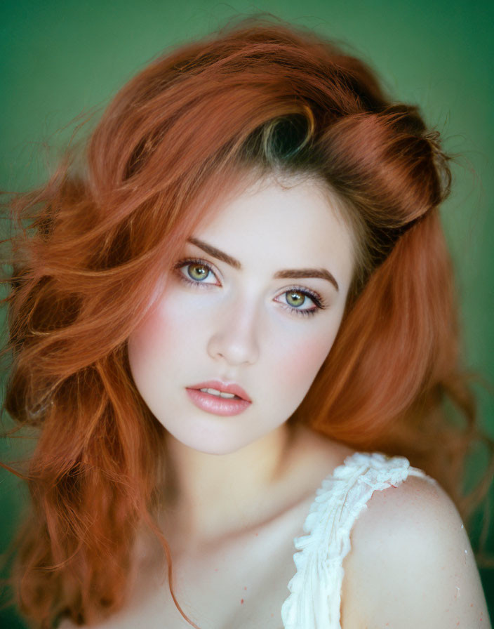 Young woman with red hair and green eyes on soft green background