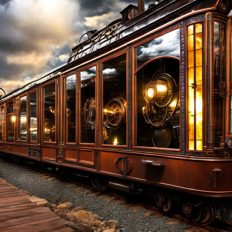 Vintage Tram with Glowing Interiors and Ornate Details at Dusk