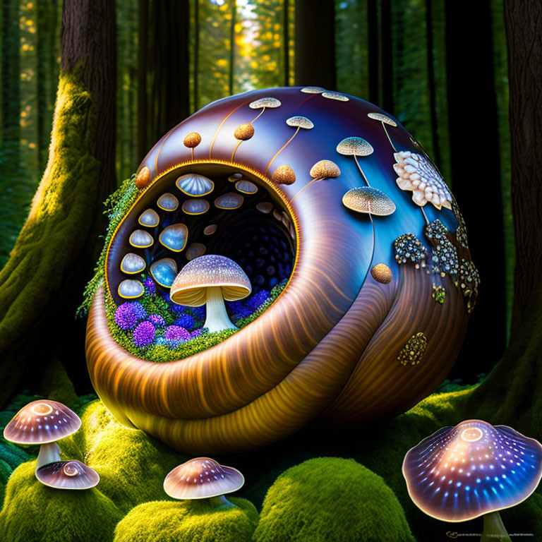 Fantastical nautilus-shaped structure with mushrooms in mystical forest.