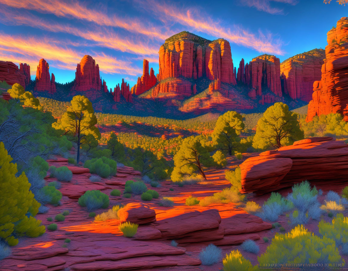 Scenic red rock formations and green foliage under a colorful sunset sky