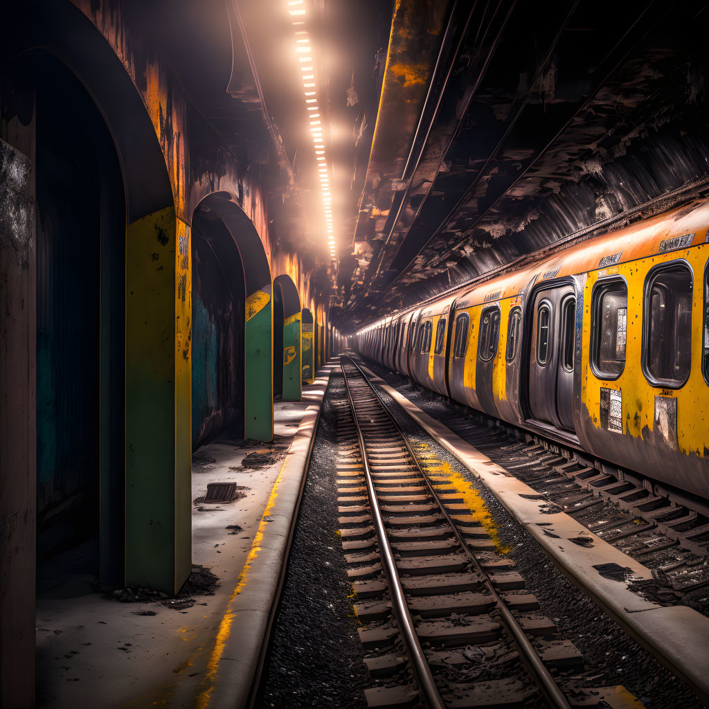 Deserted subway station with dim lighting and stationary train