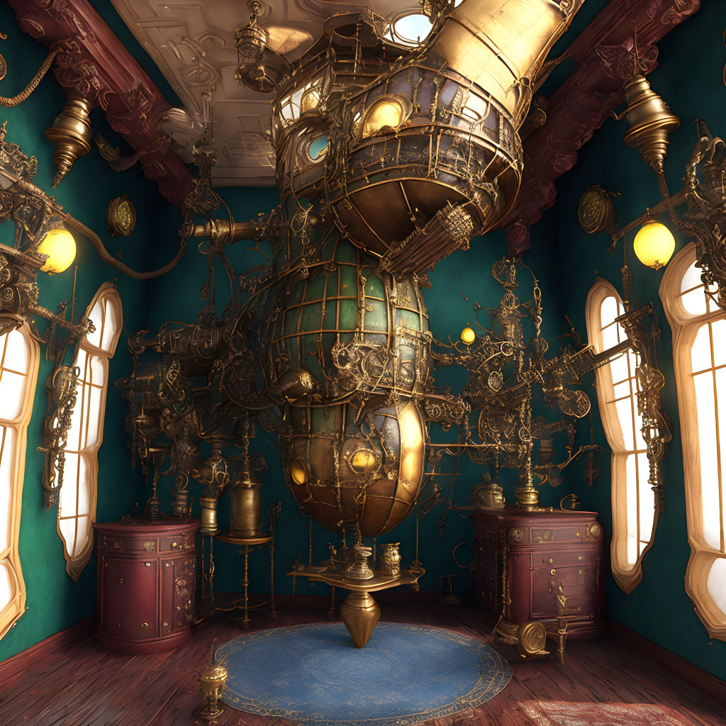 Luxurious steampunk interior with golden machinery and vintage decor