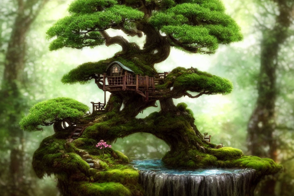 Detailed illustration of a lush bonsai tree with a wooden house by a waterfall