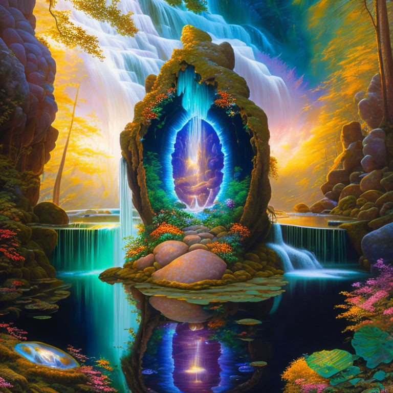 Fantastical landscape with luminous portal, waterfall, lush foliage