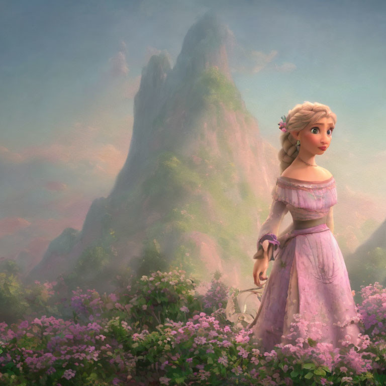 Animated princess in purple dress in flower meadow with misty mountain.