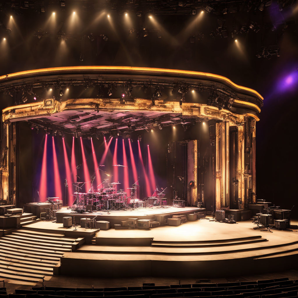 Empty theater stage with drum kit and red stage lights